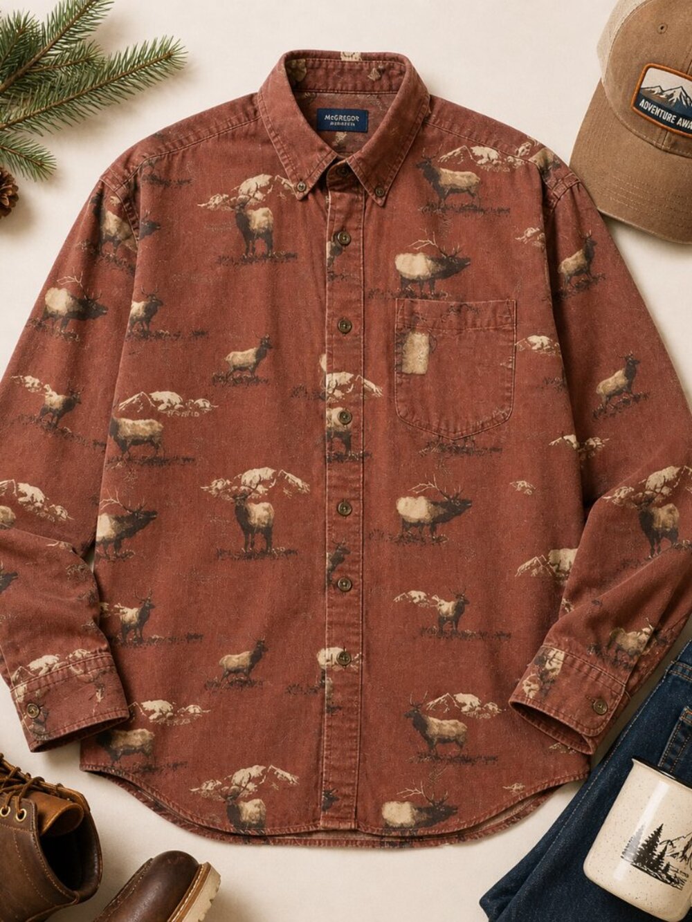 River Lodge Moose Print Corduroy Shirt Men’s L Rust Red 100% Cotton Button-Up